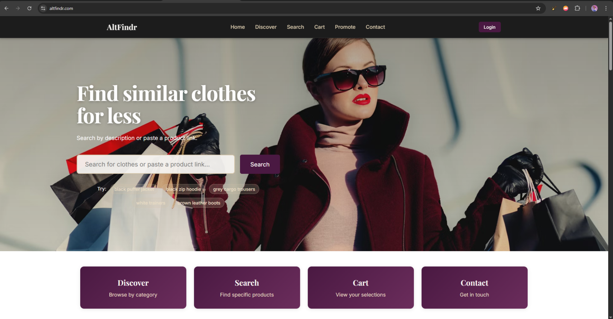 AltFindr home screen showing product discovery interface