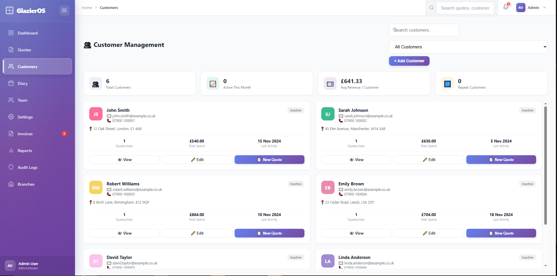 GlazierOS customer management view