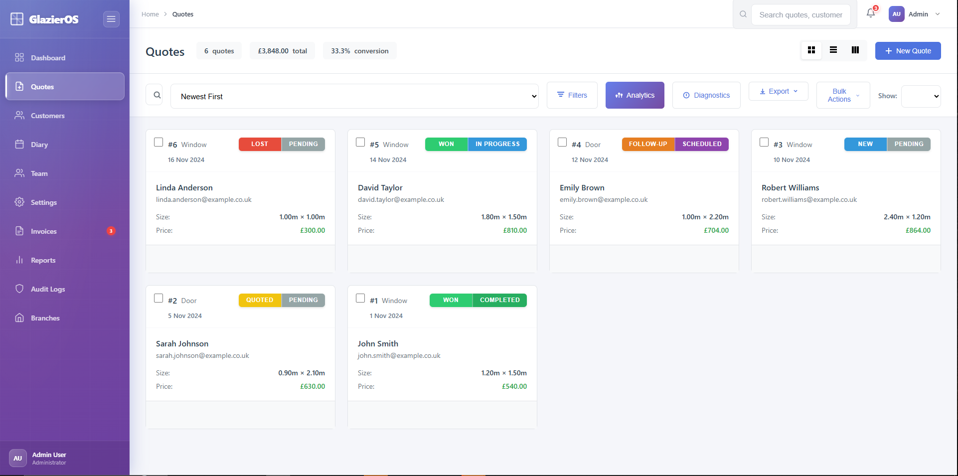 GlazierOS quote management interface