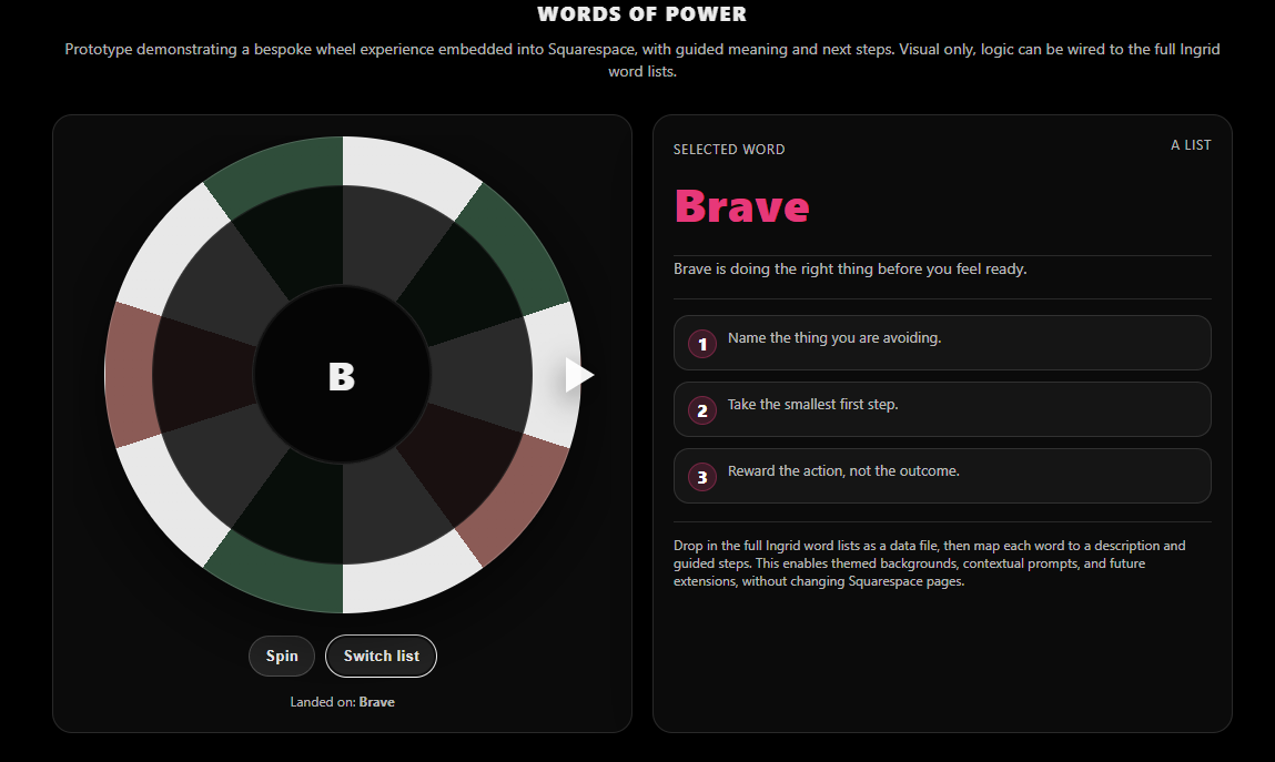 Words of Power custom wheel interface component